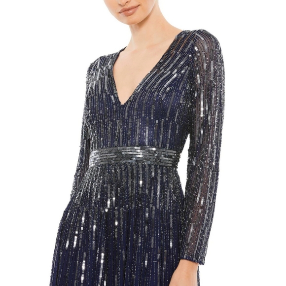 MAC DUGGAL Sequined V-Neck Illusion Sleeve A-Line Gown Blue Dress Womens size 14 - Picture 6 of 8